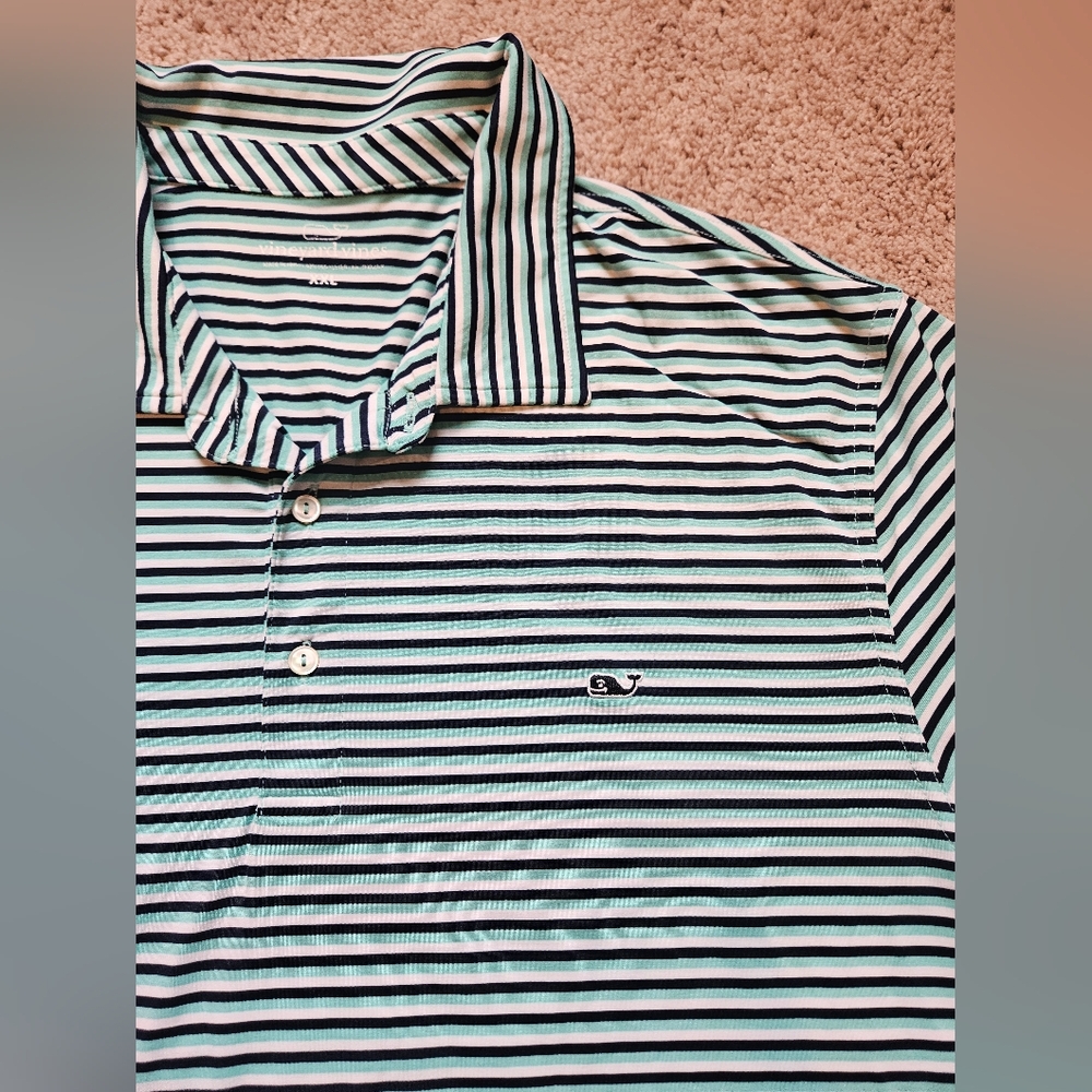 Vineyard Vines Whale Logo Blue/Teal Striped Golf Polo Casual Collared Mens XXL